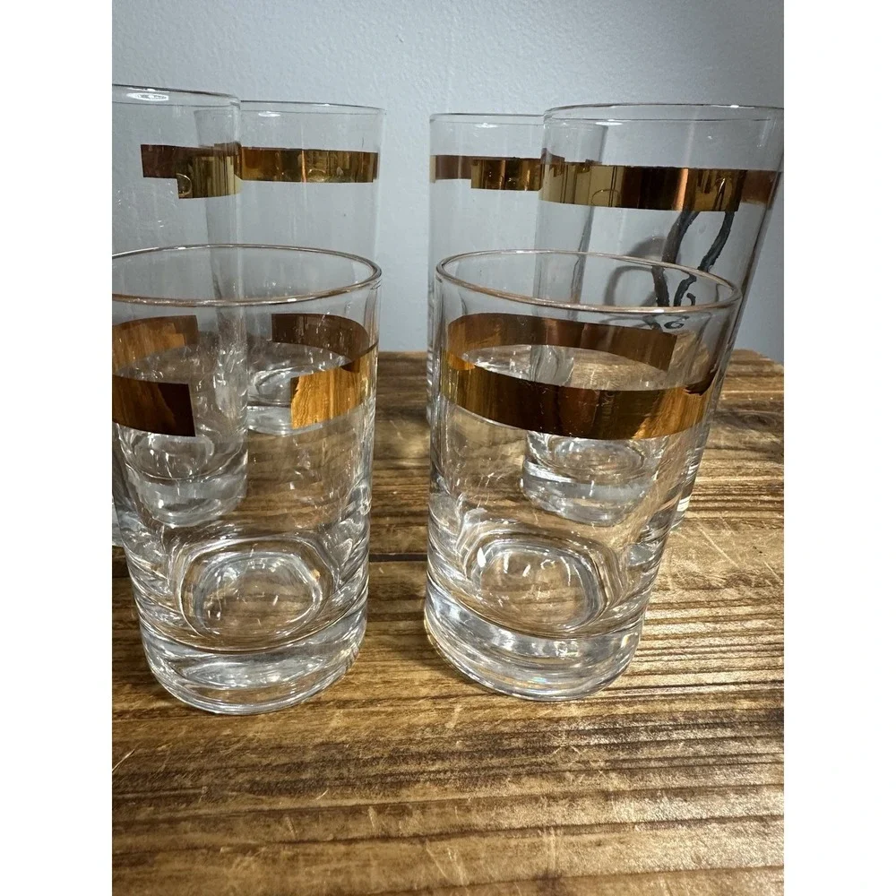 Vintage MCM Tumbler Water Juice Glass with Gold Band Set 2- 3.5